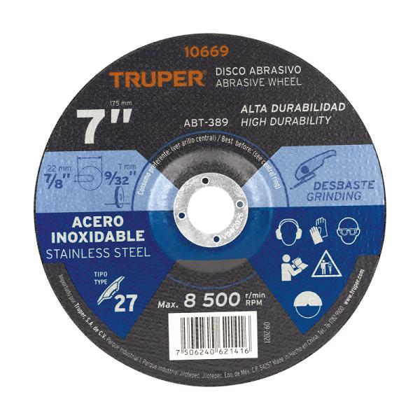 Disco Tipo 27 de 7' x 7.2 mm desbaste de acero inoxidable