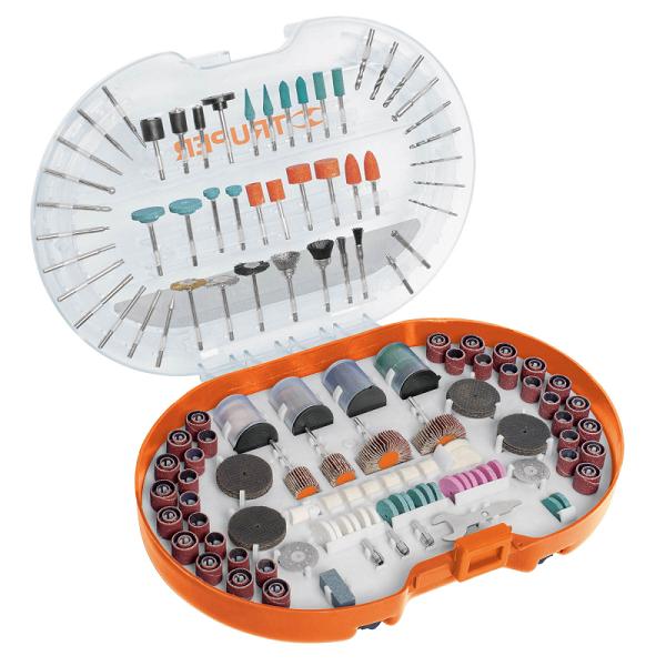 Kit accesorios herramienta rotativa Truper 276 piezas, estuche naranja con discos, lijas y brocas organizadas.