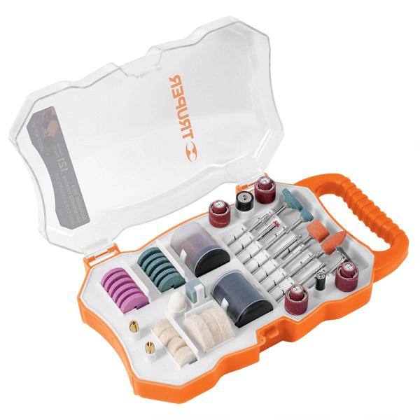 Kit 121 accesorios Truper para herramienta rotativa en estuche naranja con piedras de esmeril, lijas y discos de pulido.