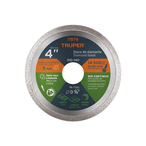 Disco de diamante de 4' x 1.6 mm, rin continuo, TRUPER