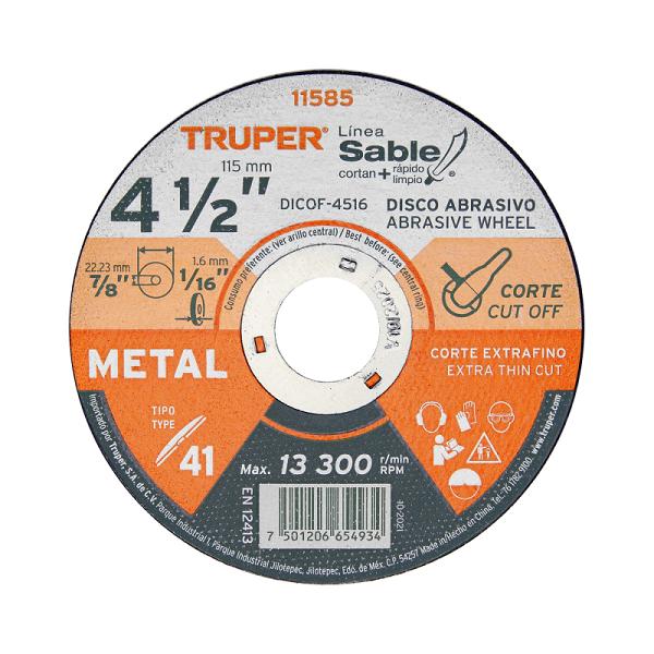 Disco abrasivo de corte preciso metal 4-1/2' x 1.6 mm TRUPER