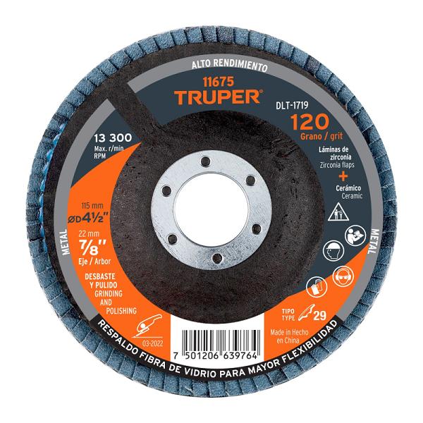 Disco laminado 4-1/2', grano 120 centro 7/8', fibra, TRUPER