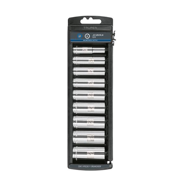 Juego de 9 dados largos cuadro 3/8' mm, TRUPER