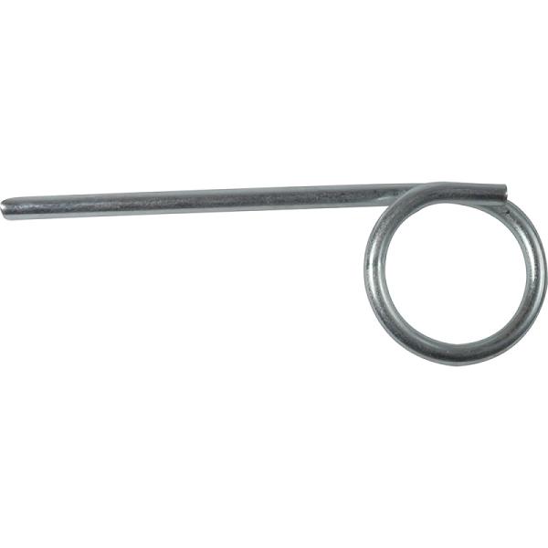 Seguro galvanizado para válvula de 1″ grande, pasador metálico plateado con argolla circular y vástago recto.