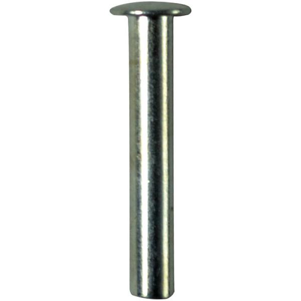 Remache metálico de 1/8" x 3/4" para válvula de 3/4" corta, color plateado con cuerpo liso y cabeza redondeada.