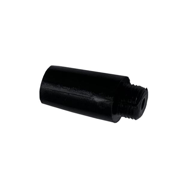 Boquilla de descarga plástica negra para válvula de 3/4 de pulgada con rosca externa y cuerpo cilíndrico.