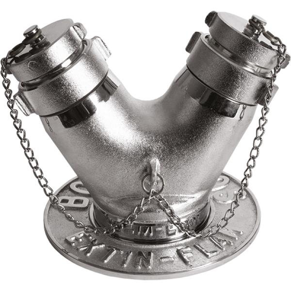 Toma Siamesa Extin Flam de 4” NPT x 2.5” NST en Bronce Cromado
