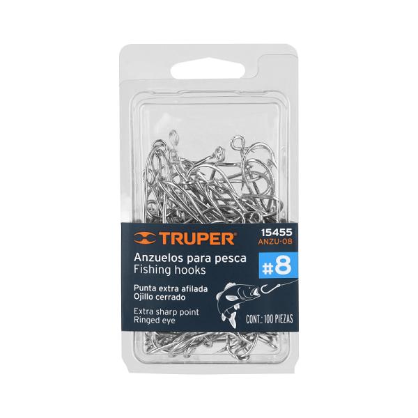 Anzuelos para Pesca # 8, Acero Niquelado, Truper, 100 Piezas