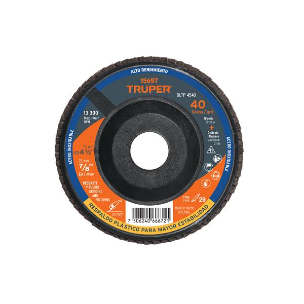 Disco Laminado Truper de 4-1/2" Grano 40 con Respaldo de Plástico
