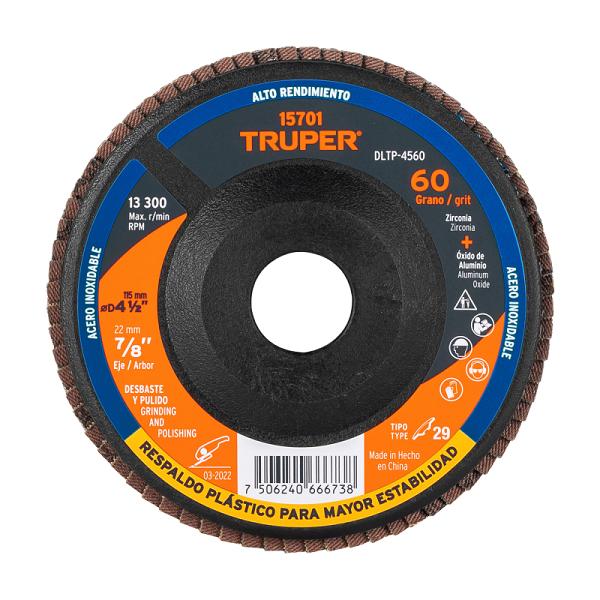 Disco Laminado de 4-1/2" Grano 60 con Centro 7/8", Truper