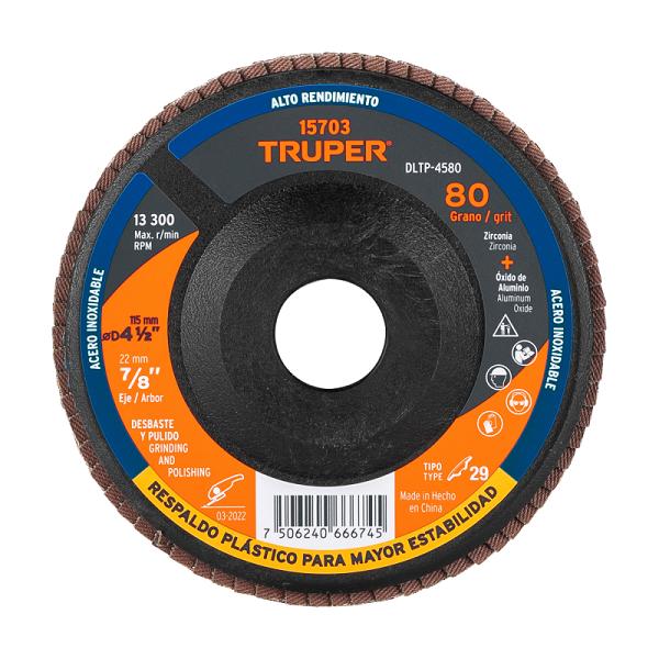 Disco Laminado 4-1/2" Grano 80 Truper con Respaldo Plástico