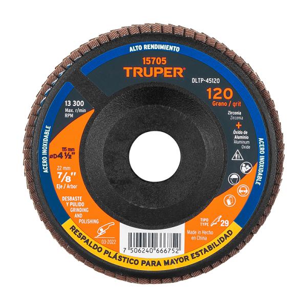 Disco Laminado Truper de 4-1/2" Grano 120 con Respaldo Plástico