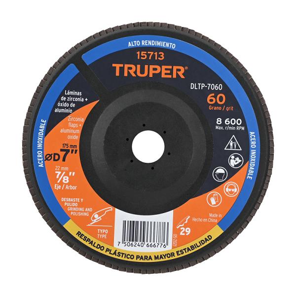 Disco Laminado Truper 7" Grano 60 con Respaldo Plástico