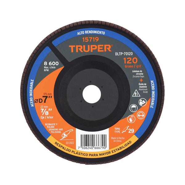 Disco Laminado Truper de 7 Pulgadas, Grano 120 con Respaldo Plástico