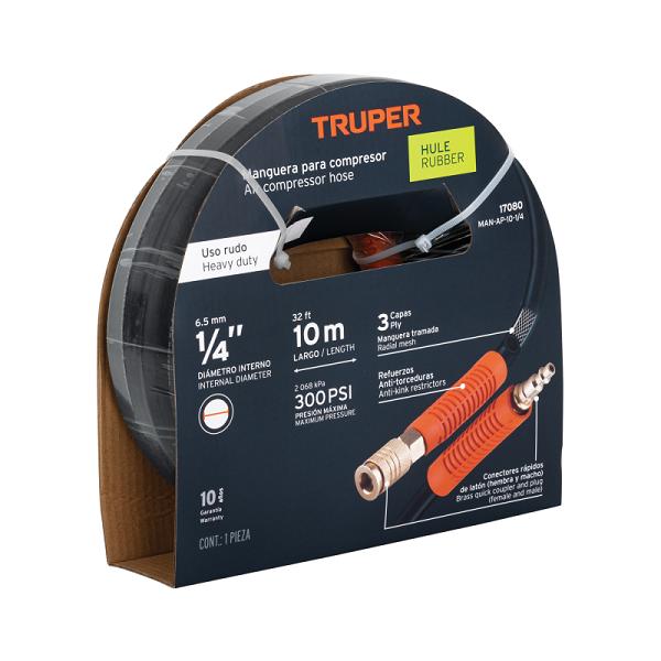 Manguera de Hule para Compresor Truper, 10m x 1/4" con Conectores Rápidos