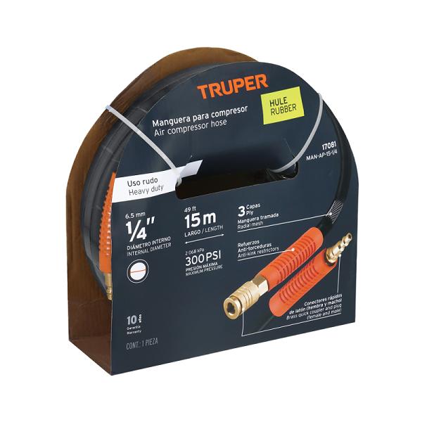 Manguera de Hule para Compresor Truper, 15m x 1/4" con Conexiones Rápidas
