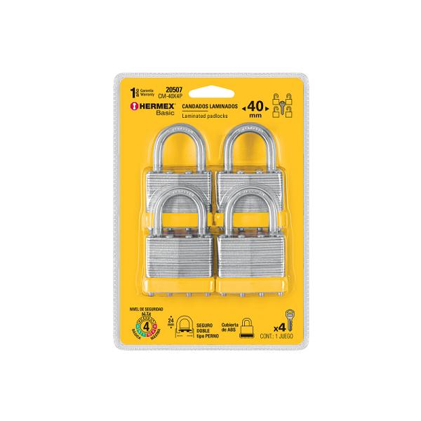 Juego de 4 Candados de Cuerpo Laminado de 40 mm Hermex Basic