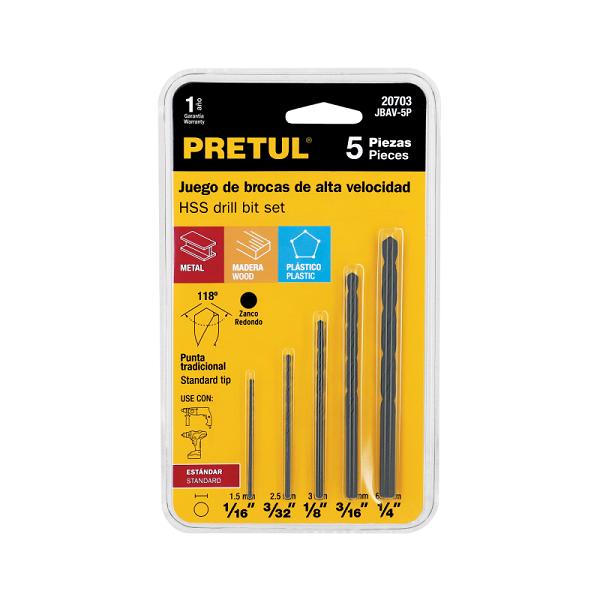 Juego de 5 Brocas HSS para Metal y Madera Pretul