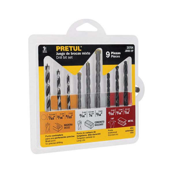 Juego de 9 Brocas Mixtas para Metal, Concreto y Madera - Pretul