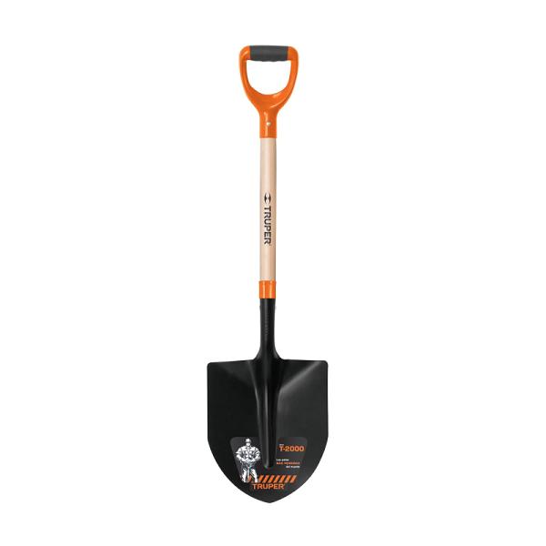 Pala cuchara Truper con mango D naranja, cabo de madera y hoja metálica negra. Lampa resistente para construcción.
