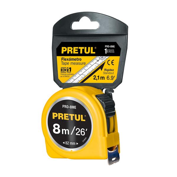 Flexómetro Amarillo Pretul de 8 m con Cinta de 25 mm