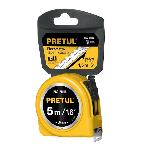 Flexómetro Amarillo Pretul de 5 m con Cinta de 19 mm