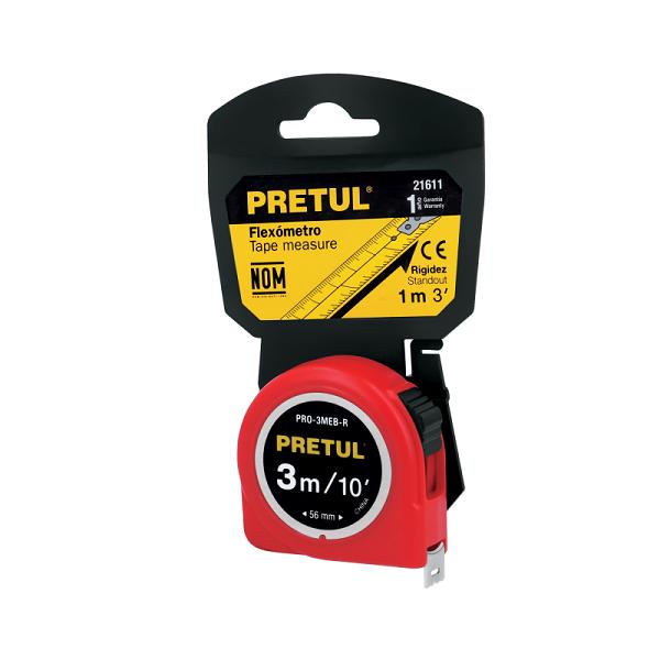 Flexómetro Rojo Pretul de 3 m con Cinta de 13 mm