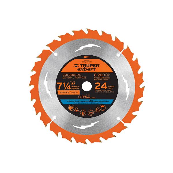 Disco sierra Truper Expert 7-1/4" para madera, 24 dientes, centro 5/8", color naranja y plateado metálico.