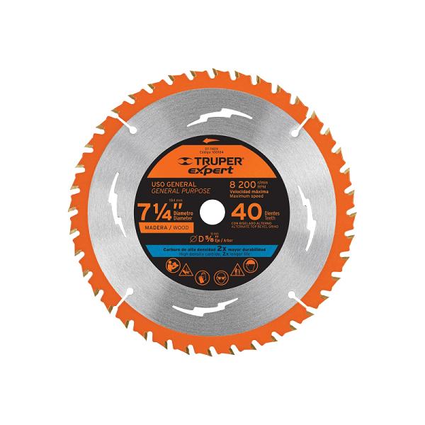 Disco sierra circular Truper Expert 7-1/4" para madera, 40 dientes, color naranja y acero, centro 5/8".