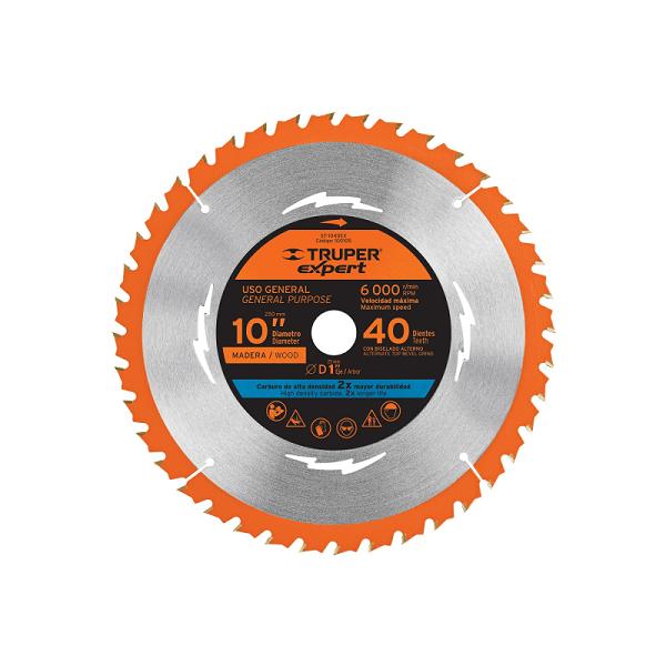 Disco sierra circular 10 pulgadas Truper Expert para madera, 40 dientes, centro 1 pulgada, color acero y borde naranja.