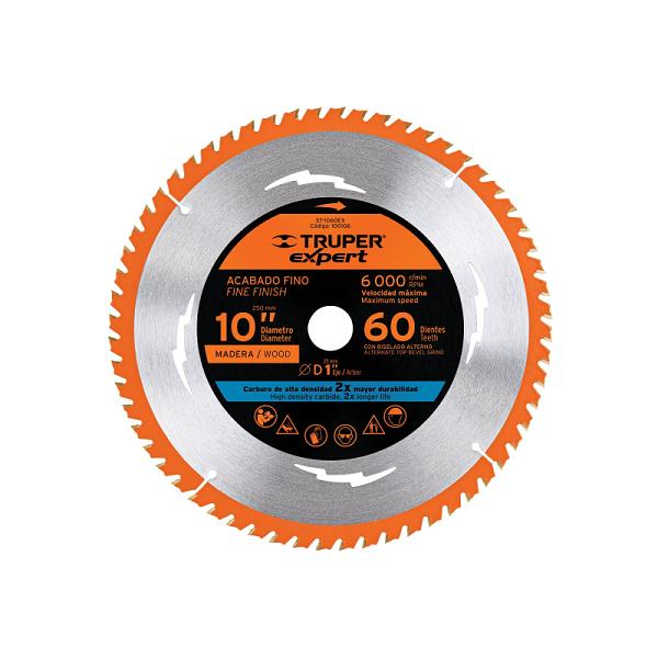 Disco sierra circular 10" Truper Expert para madera, 60 dientes naranja, centro 1" y cuerpo de acero plateado.