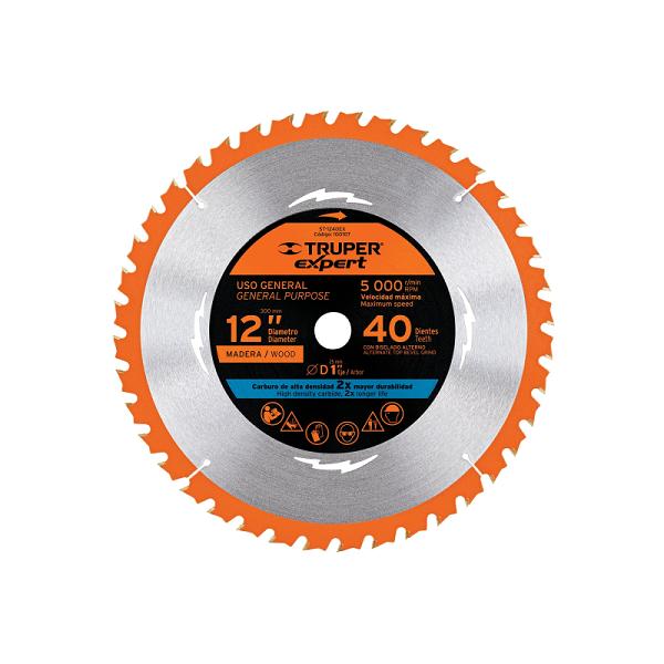 Disco sierra circular 12" Truper Expert para madera, 40 dientes, centro 1", metálico color plata y naranja.