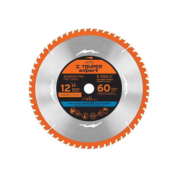 Disco sierra 12" para madera Truper Expert, 60 dientes, centro 1", acabado metálico plateado y borde naranja.