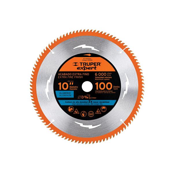 Disco sierra circular Truper Expert 10 pulg para aluminio, 100 dientes, eje 5/8 pulg, color plata y naranja.