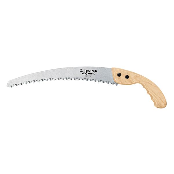 Serrucho de poda Truper Expert 13", hoja curva de acero 7 DPP y mango ergonómico de madera clara.