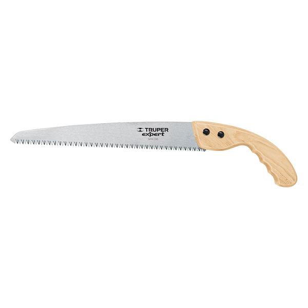 Serrucho de poda Truper Expert 13", hoja recta de acero 7 DPP y mango ergonómico de madera clara.