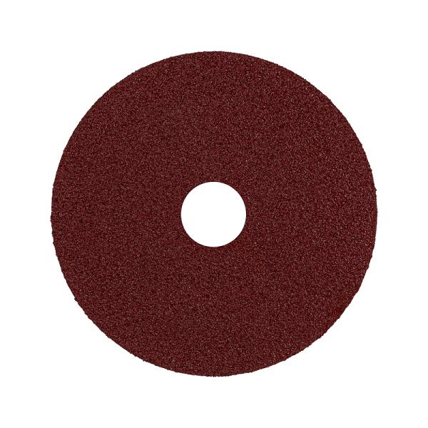 Disco de lija 4-1/2 grano 50 Truper circular color marrón rojizo con respaldo de fibra y orificio central.