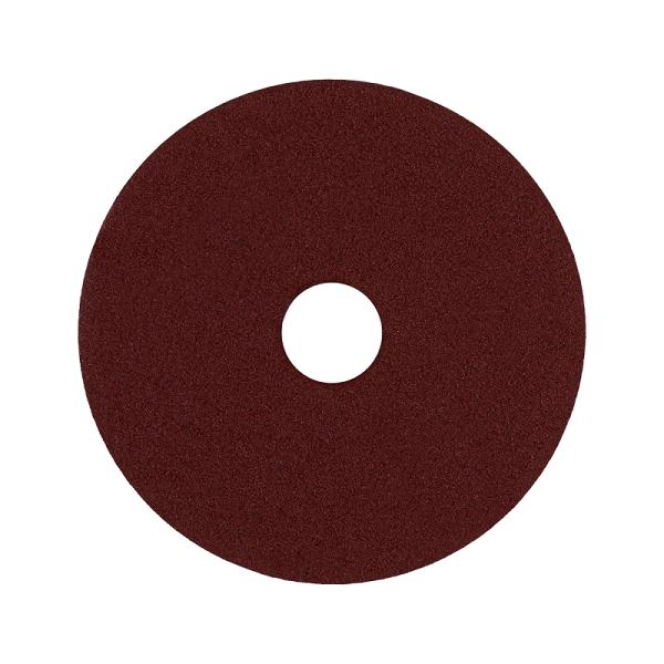Disco de lija Truper 4-1/2 grano 80, respaldo de fibra, color café rojizo con centro perforado.