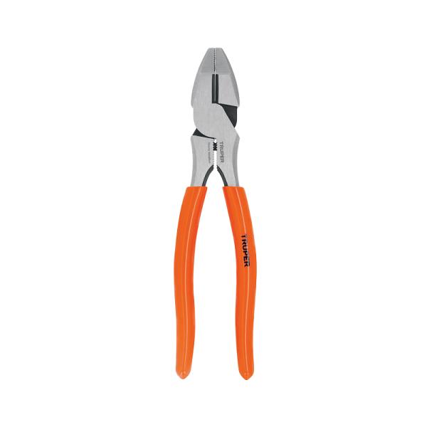Pinza para electricista Truper 8" alta palanca, mangos de PVC naranja y cabeza de acero cromo vanadio.