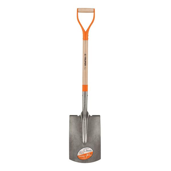 Pala recta Truper Classic con mango D naranja, cabo de madera y hoja de acero gris para construcción y jardín.