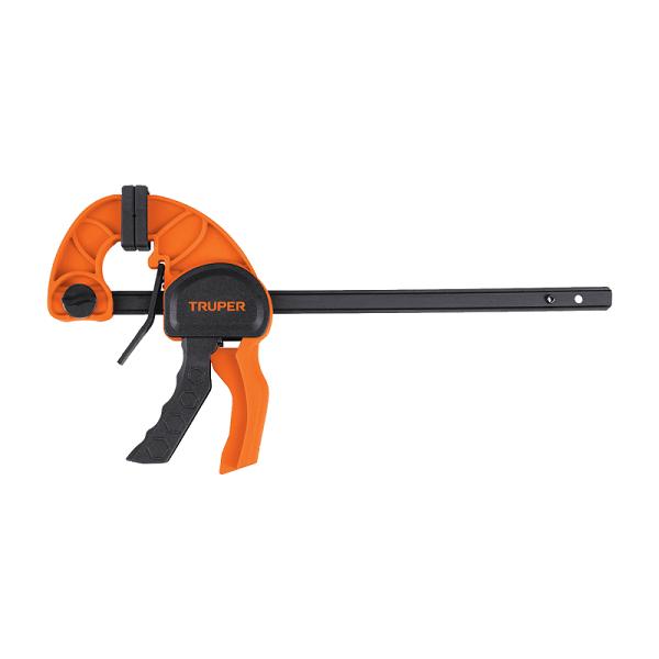 Prensa de ajuste rápido de 6' TRUPER, cuerpo de nylon naranja y negro con mango tipo pistola para carpintería.