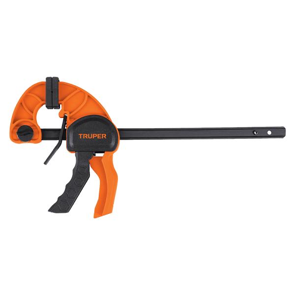 Prensa de ajuste rápido 12" Truper, cuerpo de nylon naranja y negro con barra de acero.