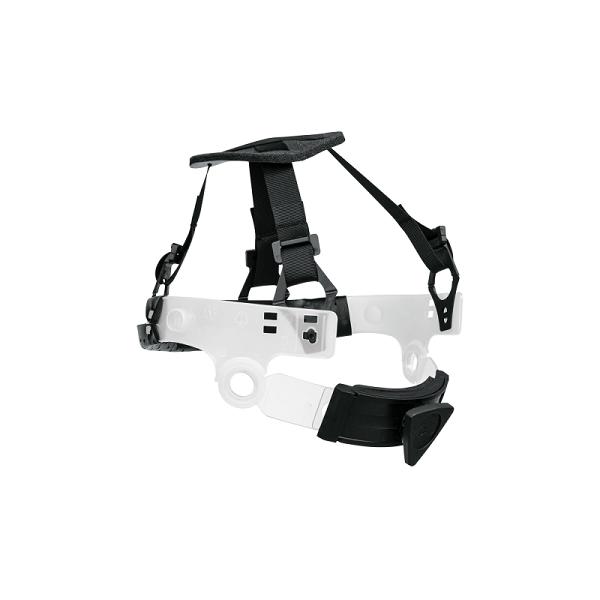Suspensión para cascos Truper con ajuste de matraca, correas negras y estructura de plástico blanco traslúcido.