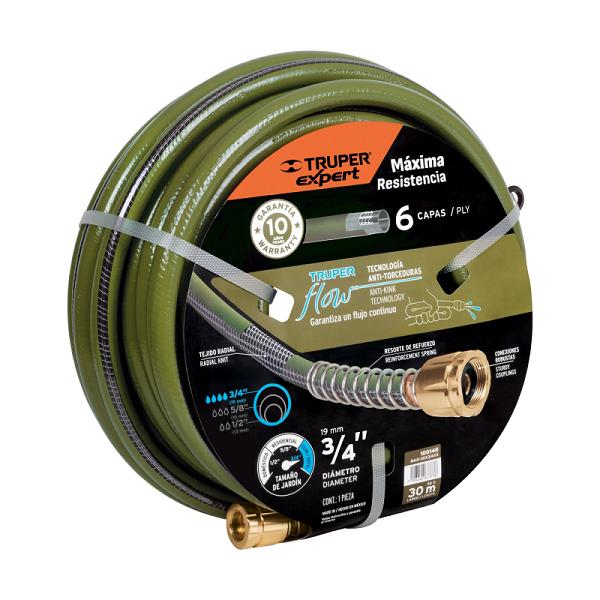 Manguera verde Truper Expert 3/4 pulgada 30m, 6 capas anti-torceduras con conexiones de metal.