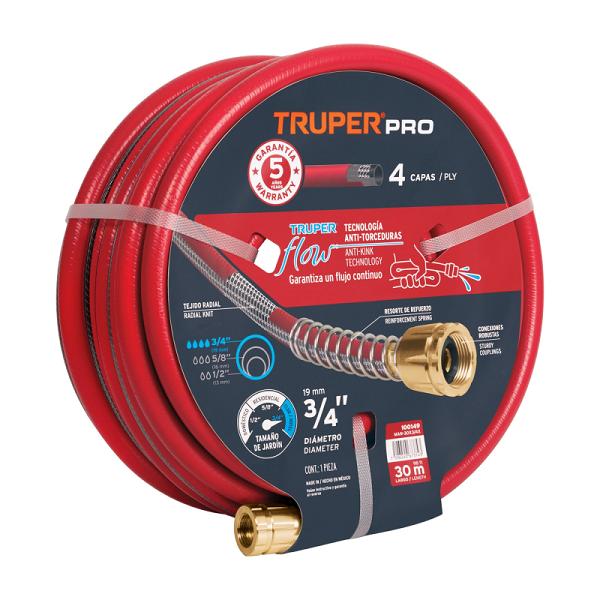 Manguera roja Truper Pro 3/4" de 30m, super reforzada 4 capas con conexiones de metal y resorte.