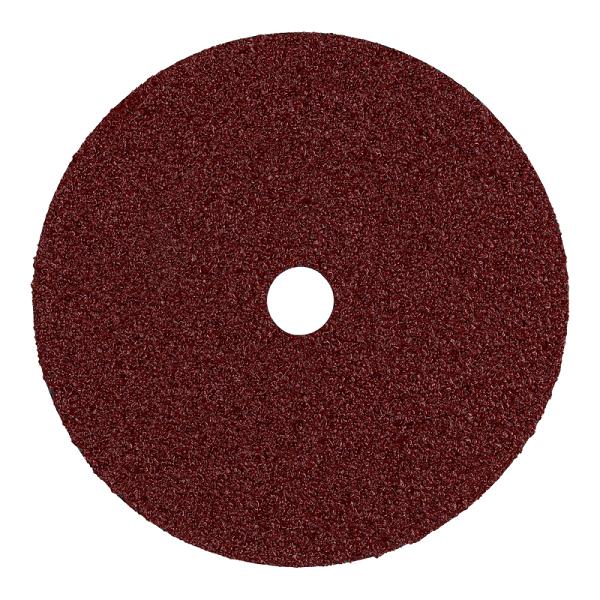 Disco de lija de 7" Truper, grano 36, color marrón rojizo, respaldo de fibra y centro perforado.