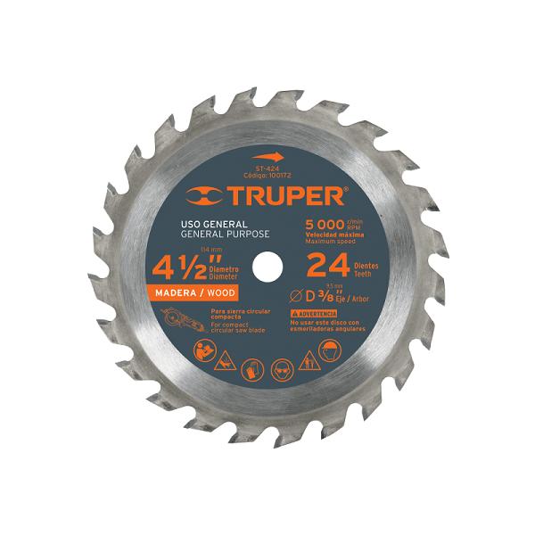 Disco sierra 4-1/2' para madera, 24 dientes centro 3/8'. Hoja circular Truper de acero plateado con etiqueta gris y naranja.