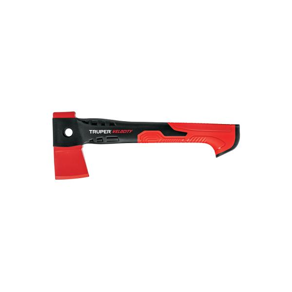 Hacha cazadora TRUPER Velocity 1 lb, mango de nylon 14 pulgadas, hoja roja y mango ergonómico negro y rojo.