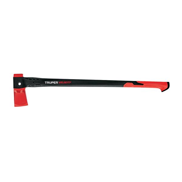 Hacha para rajar madera Truper 4 lb, mango de nylon 36" negro y rojo, cabeza roja Velocity para leña.