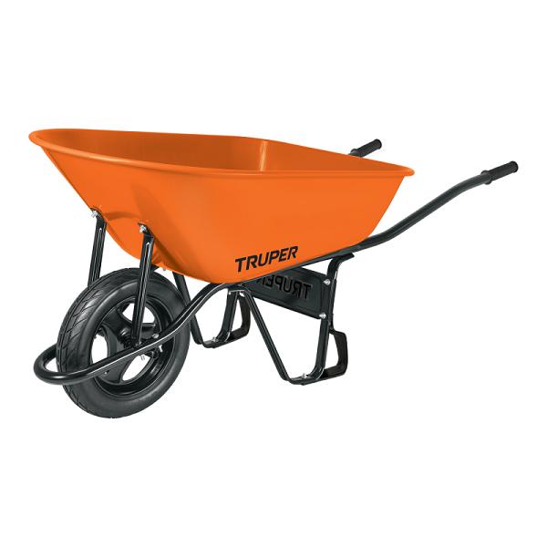 Carretilla Truper 8 ft3 naranja con llanta imponchable y bastidor tubular negro.